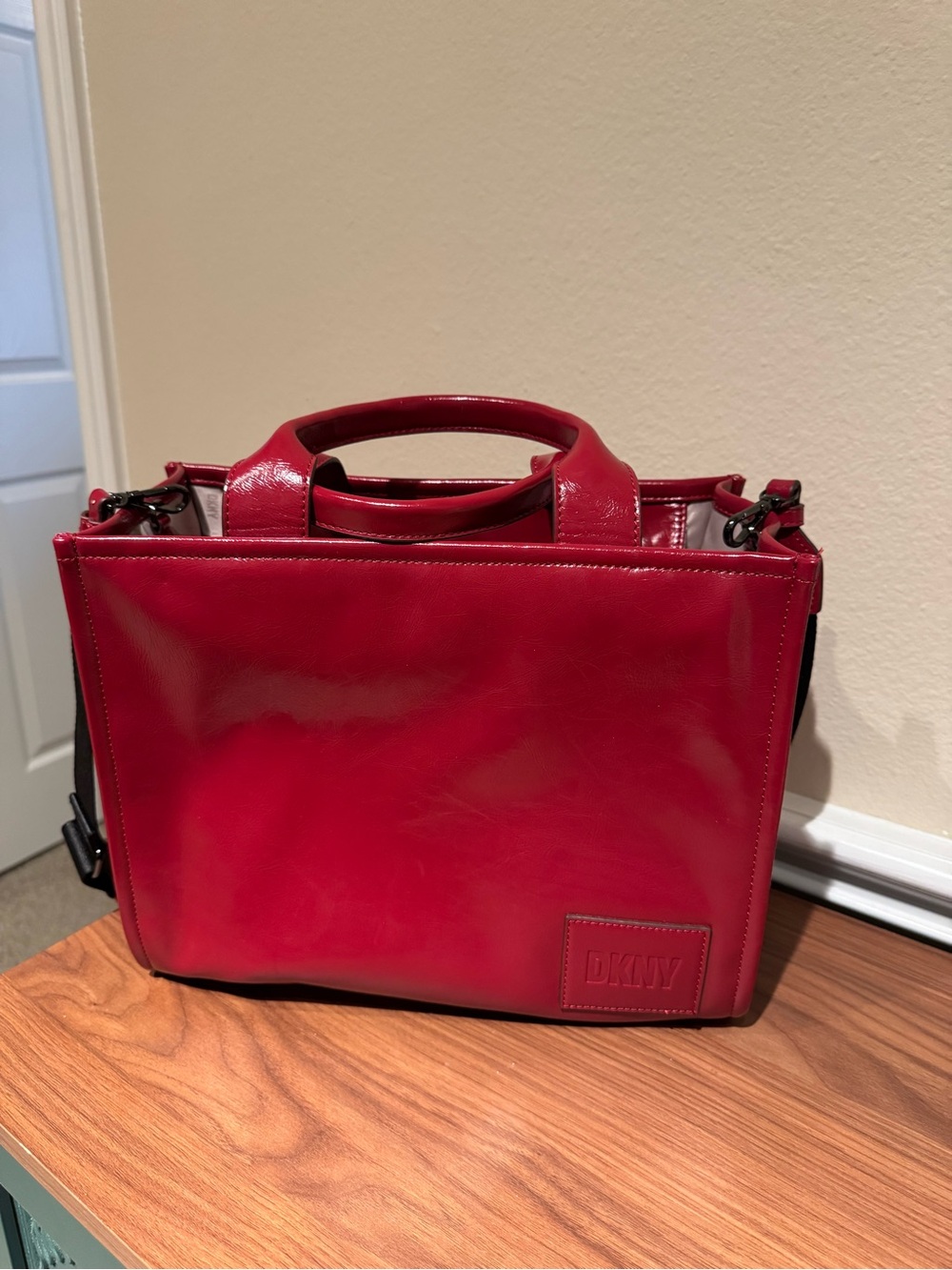 DKNY Glossy Red Patent Tote with Top Handles